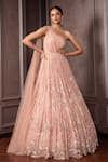 Buy_AMRIN KHAN_Pink Net, Georgette Embroidery, Sequins, Pleated Gown With Attached Dupatta _at_Aza_Fashions