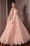 Buy_AMRIN KHAN_Pink Net, Georgette Embroidery, Sequins, Pleated Gown With Attached Dupatta _Online_at_Aza_Fashions