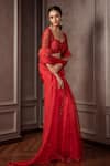 Buy_AMRIN KHAN_Red Organza Feathers, Stones, Crystals Cutdana Embroidered Saree Blouse Set _at_Aza_Fashions