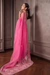 Shop_AMRIN KHAN_Pink Organza Crystals, Beads, Embroidery V-neck Hanging Cutdana Saree Set _at_Aza_Fashions