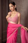AMRIN KHAN_Pink Organza Crystals, Beads, Embroidery V-neck Hanging Cutdana Saree Set _Online_at_Aza_Fashions