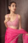 Buy_AMRIN KHAN_Pink Organza Crystals, Beads, Embroidery V-neck Hanging Cutdana Saree Set _Online_at_Aza_Fashions