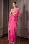 Buy_AMRIN KHAN_Pink Organza Crystals, Beads, Embroidery V-neck Hanging Cutdana Saree Set _at_Aza_Fashions