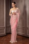 Buy_AMRIN KHAN_Pink Organza Sequins, Beads Sweetheart Neck Cutdana Embroidered Saree Set _at_Aza_Fashions