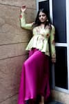Buy_Anu Pellakuru_Lime Satin Embroidery, Cut Work V-neck Siya Peplum Jacket And Draped Pant Set _at_Aza_Fashions