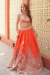 Shop_Anu Pellakuru_Orange Silk, Organza Embroidery, Mirrors, Pearls, Aarani Resham Lehenga Set 