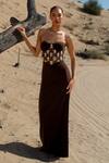 Buy_Asra_Brown Stones, Beads Sweetheart Neck Scuba Hand Embroidered Maxi Dress _at_Aza_Fashions