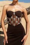 Buy_Asra_Brown Stones, Beads Sweetheart Neck Scuba Hand Embroidered Maxi Dress 