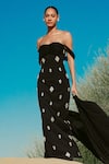 Shop_Asra_Black Stones Bandeau , Square Hand Embroidered Maxi Dress And Cape Set _Online_at_Aza_Fashions
