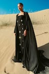 Shop_Asra_Black Stones Bandeau , Square Hand Embroidered Maxi Dress And Cape Set 