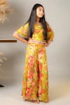 Buy_Kirti Agarwal - Pret N Couture_Yellow Crepe, Chiffon Pearls Floral Print Cape Palazzo Set _at_Aza_Fashions