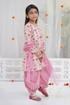 Little Bansi_Peach Cotton, Net Applique, Lace Lotus Print Kurta Set _Online_at_Aza_Fashions