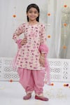 Buy_Little Bansi_Peach Cotton, Net Applique, Lace Lotus Print Kurta Set _at_Aza_Fashions
