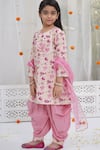 Buy_Little Bansi_Peach Cotton, Net Applique, Lace Lotus Print Kurta Set _Online_at_Aza_Fashions