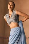 Shop_1999ad By Amita & Deepak_Blue Chinon Beads, Embroidery V-neck Tiered Lehenga Saree With Blouse _Online_at_Aza_Fashions