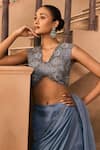 Shop_1999ad By Amita & Deepak_Blue Chinon Beads, Embroidery V-neck Tiered Lehenga Saree With Blouse 