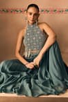 1999ad By Amita & Deepak_Blue Georgette Beads, Embroidery, Tassels Halter Neck, Blouse And Draped Skirt Set _at_Aza_Fashions