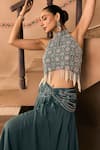 Shop_1999ad By Amita & Deepak_Blue Georgette Beads, Embroidery, Tassels Halter Neck, Blouse And Draped Skirt Set 