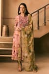 1999ad By Amita & Deepak_Pink Georgette Beads, Embroidery Split V-neck Floral Print Anarkali And Pant Set _Online