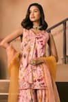 Shop_1999ad By Amita & Deepak_Pink Organza Beads, Embroidery V-neck Floral Print Kurta Sharara Set _Online_at_Aza_Fashions
