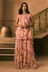 1999ad By Amita & Deepak_Pink Organza Beads, Embroidery V-neck Floral Print Kurta Sharara Set _Online