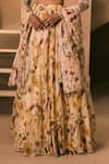 Shop_1999ad By Amita & Deepak_Beige Organza Beads, Embroidery Round Neck Floral Print Lehenga Set _Online_at_Aza_Fashions