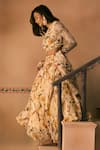 Buy_1999ad By Amita & Deepak_Beige Organza Beads, Embroidery Round Neck Floral Print Lehenga Set 