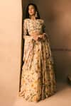 1999ad By Amita & Deepak_Beige Organza Beads, Embroidery Round Neck Floral Print Lehenga Set _Online
