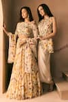 1999ad By Amita & Deepak_Beige Organza Beads, Embroidery Round Neck Floral Print Lehenga Set 