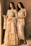 1999ad By Amita & Deepak_Beige Organza Beads, Embroidery Round Neck Floral Print Lehenga Set 
