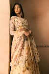 Shop_1999ad By Amita & Deepak_Cream Organza Embroidery, Beads Round Neck Floral Print Lehenga And Blouse Set _Online_at_Aza_Fashions