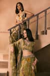 1999ad By Amita & Deepak_Green Organza Beads, Embroidery V-neck Floral Print Lehenga Blouse Set _Online_at_Aza_Fashions