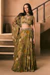 Buy_1999ad By Amita & Deepak_Green Organza Beads, Embroidery V-neck Floral Print Lehenga Blouse Set _Online_at_Aza_Fashions