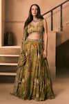 1999ad By Amita & Deepak_Green Organza Beads, Embroidery V-neck Floral Print Lehenga Blouse Set _at_Aza_Fashions