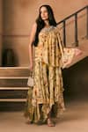 Buy_1999ad By Amita & Deepak_Yellow Organza Beads, Embroidery One Shoulder Floral Print Kurta And Sharara Set _Online_at_Aza_Fashions
