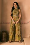 Buy_1999ad By Amita & Deepak_Green Organza Beads, Embroidery One Shoulder Printed Kurta And Flared Pant Set _at_Aza_Fashions