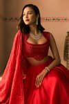 Buy_1999ad By Amita & Deepak_Red Organza Embroidery, Beads Sweetheart Neck Lehenga Set _Online_at_Aza_Fashions