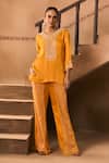 1999ad By Amita & Deepak_Orange Organza Embroidery, Beads, Sequins V-neck Thread Short Kurta And Pant Set _Online