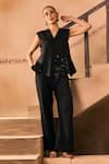 Buy_1999ad By Amita & Deepak_Black Satin Embroidery, Beads V-neck Jacket And Pant Set _at_Aza_Fashions