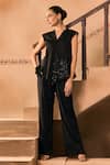Buy_1999ad By Amita & Deepak_Black Satin Embroidery, Beads V-neck Jacket And Pant Set 