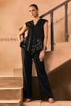Shop_1999ad By Amita & Deepak_Black Satin Embroidery, Beads V-neck Jacket And Pant Set 