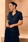 1999ad By Amita & Deepak_Blue Chanderi Embroidery V-neck Jacket And Sharara Set _at_Aza_Fashions