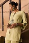 Buy_1999ad By Amita & Deepak_Mint Crepe Embroidery, Stones, Beads Split V-neck Cutdana Top And Pant Set _Online_at_Aza_Fashions