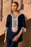 Buy_1999ad By Amita & Deepak_Blue Chanderi Embroidery V-neck Thread Kurta And Pant Set _Online_at_Aza_Fashions