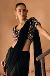 Buy_1999ad By Amita & Deepak_Black Satin Embroidery, Beads, Sequins V-neck Blouse With Pre-draped Saree _Online_at_Aza_Fashions