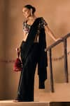 Shop_1999ad By Amita & Deepak_Black Satin Embroidery, Beads, Sequins V-neck Blouse With Pre-draped Saree _Online_at_Aza_Fashions
