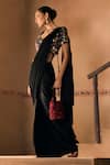 1999ad By Amita & Deepak_Black Satin Embroidery, Beads, Sequins V-neck Blouse With Pre-draped Saree _at_Aza_Fashions
