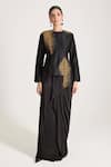 RICHA AHLUWALIA_Black Chanderi Silk, Crepe Sequins, Beads Round Embroidered Jacket Skirt Set _Online_at_Aza_Fashions