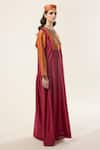 Buy_RICHA AHLUWALIA_Red Chanderi Silk, Voile Beads, Embroidery, Sequins Keyhole Neck Abaya Dress _Online_at_Aza_Fashions