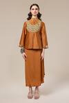 Shop_RICHA AHLUWALIA_Brown , Silk, Voile Embroidery, Peplum Kurta With Skirt 